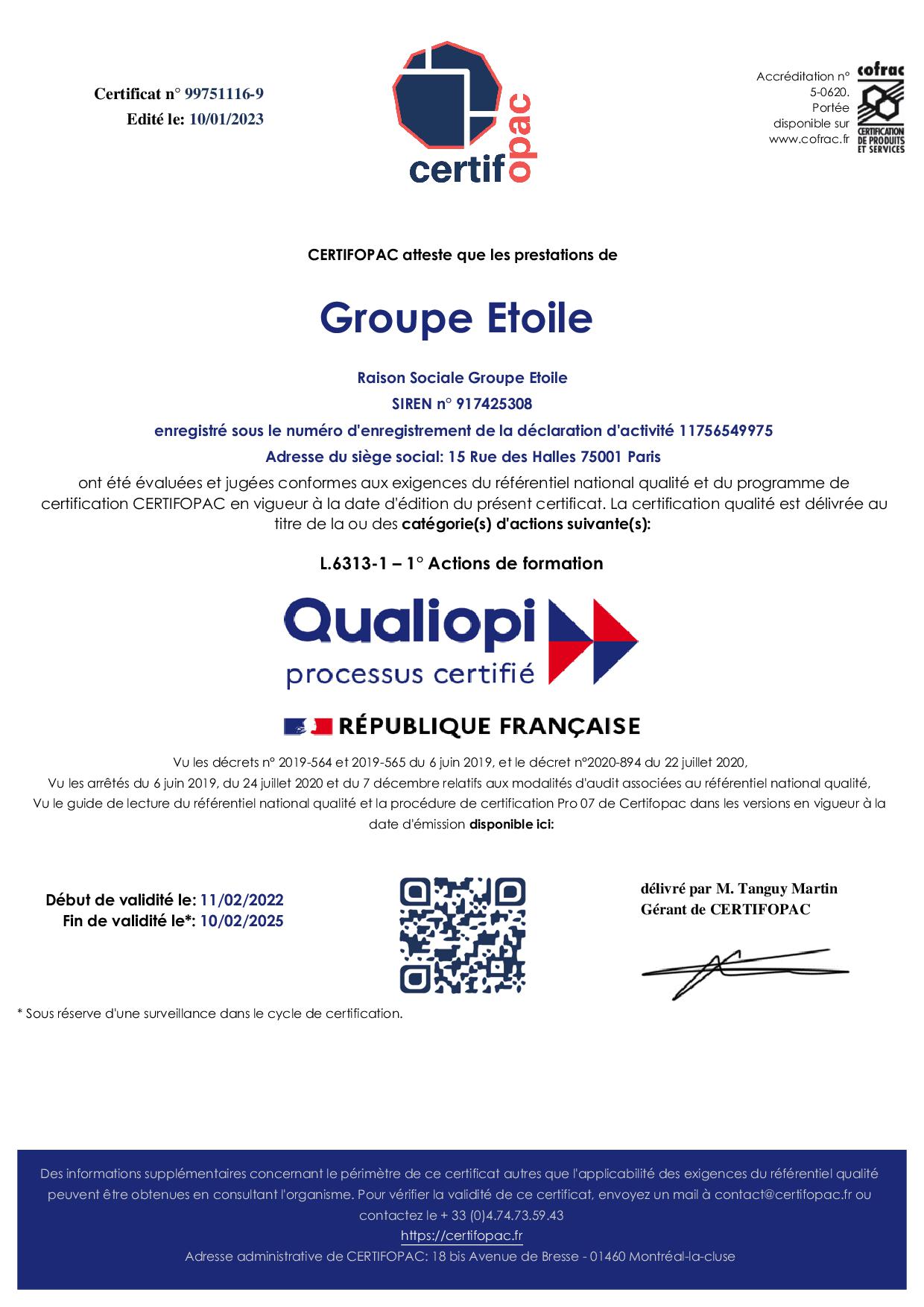 Certificat Qualiopi - Groupe Etoile